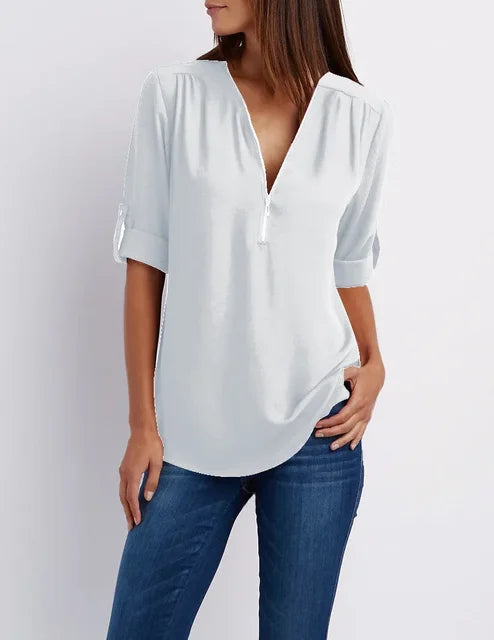 Clara - Soepele Blouse met rits en Oprolbare Mouwen