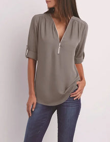 Clara - Soepele Blouse met rits en Oprolbare Mouwen