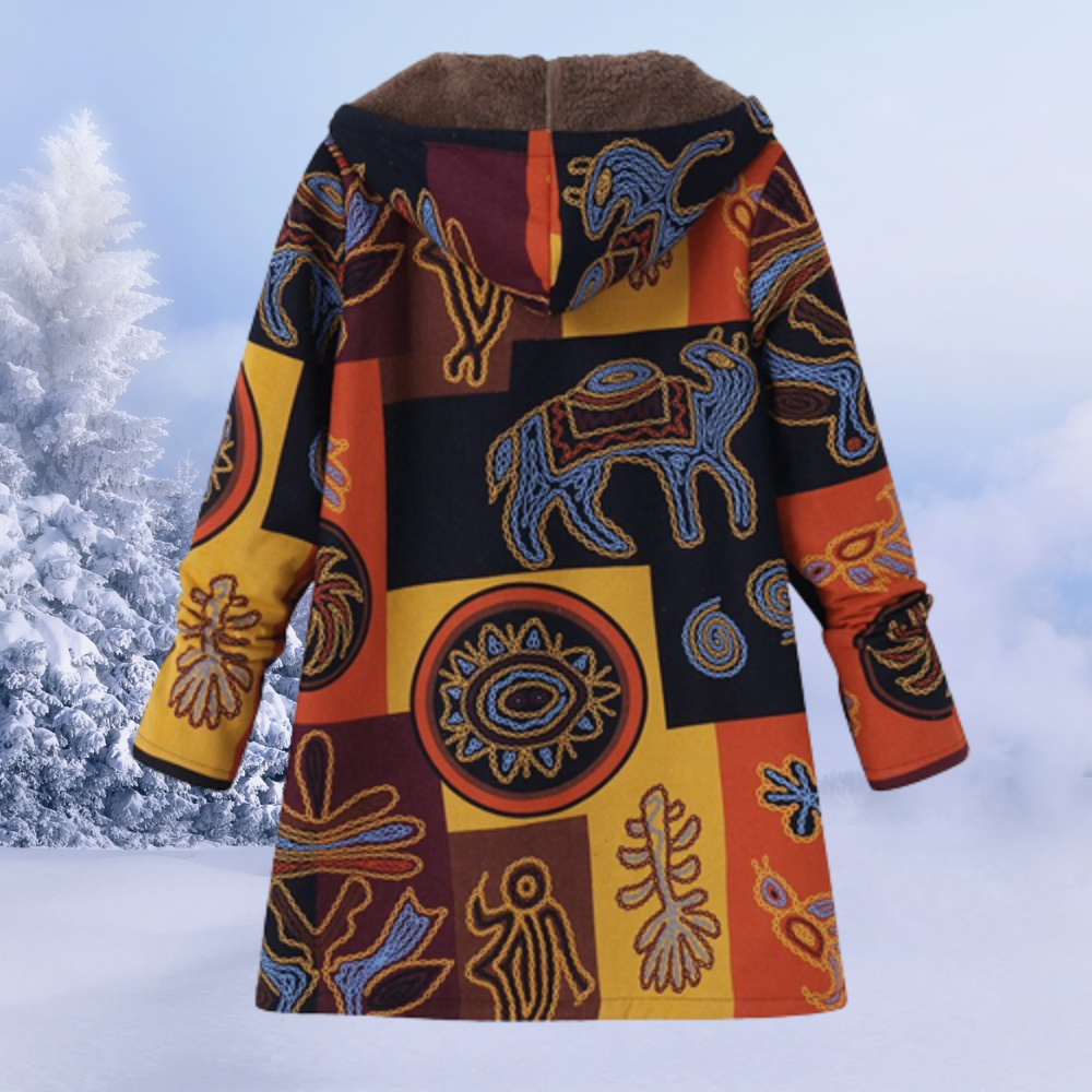 Dames Boho Gebloemde Winterjas met Capuchon | Lange Warme Jas met Print