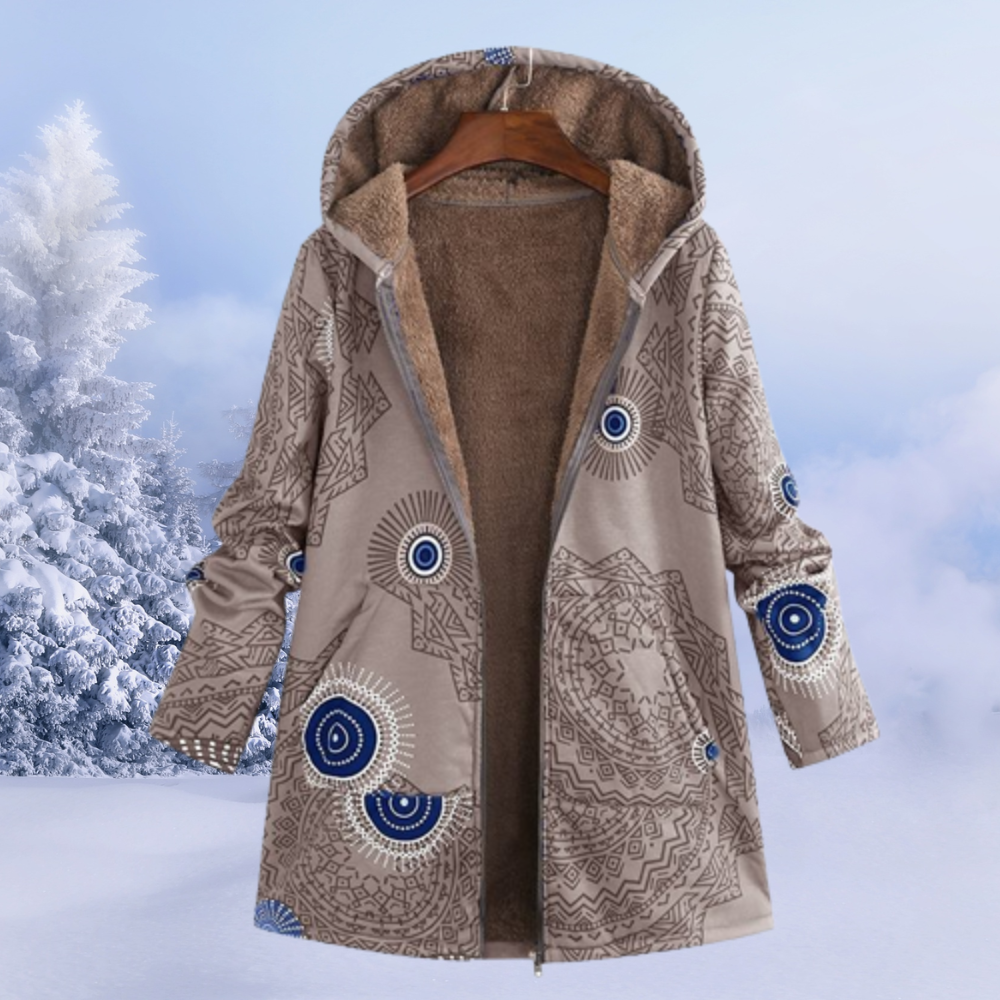 Dames Boho Gebloemde Winterjas met Capuchon | Lange Warme Jas met Print
