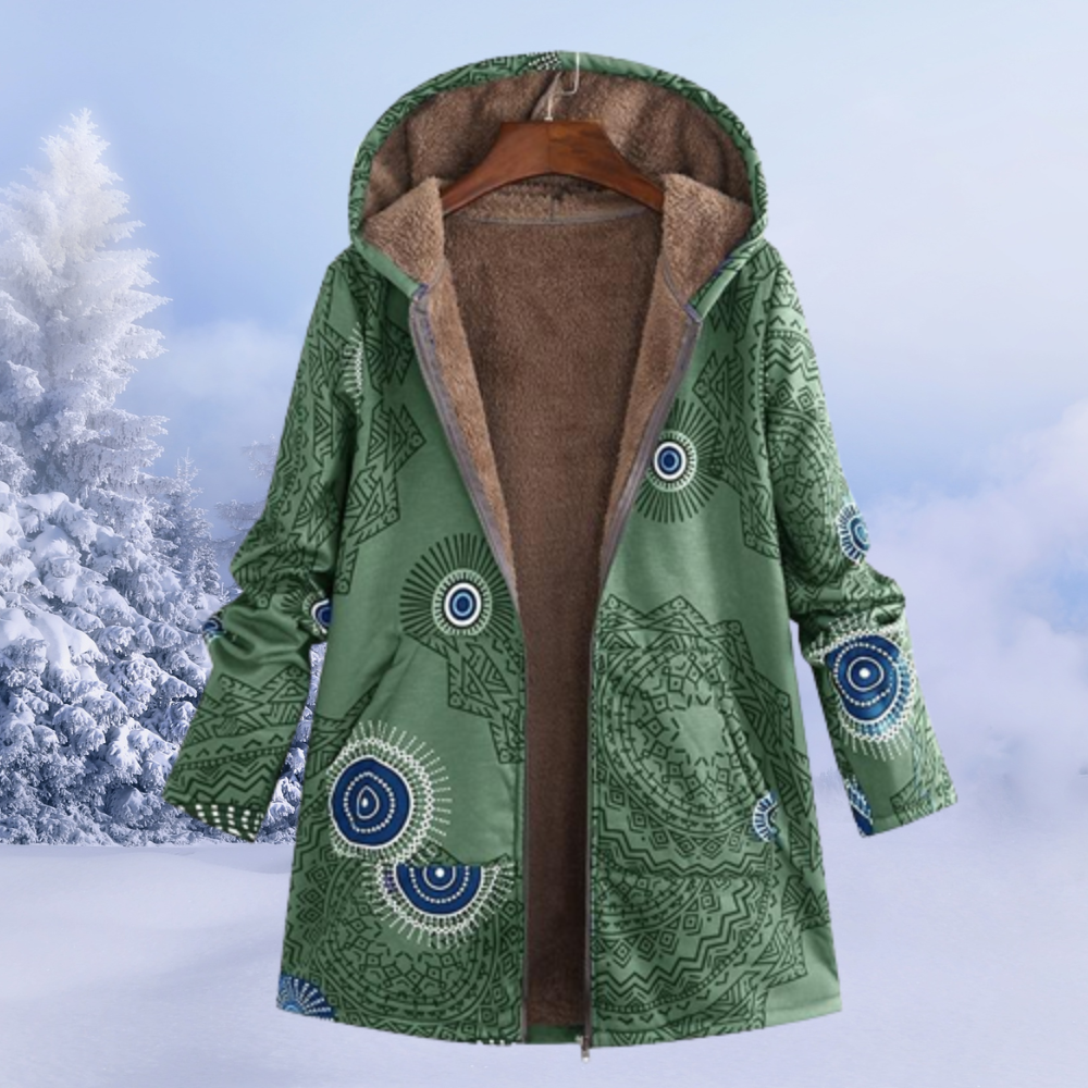 Dames Boho Gebloemde Winterjas met Capuchon | Lange Warme Jas met Print