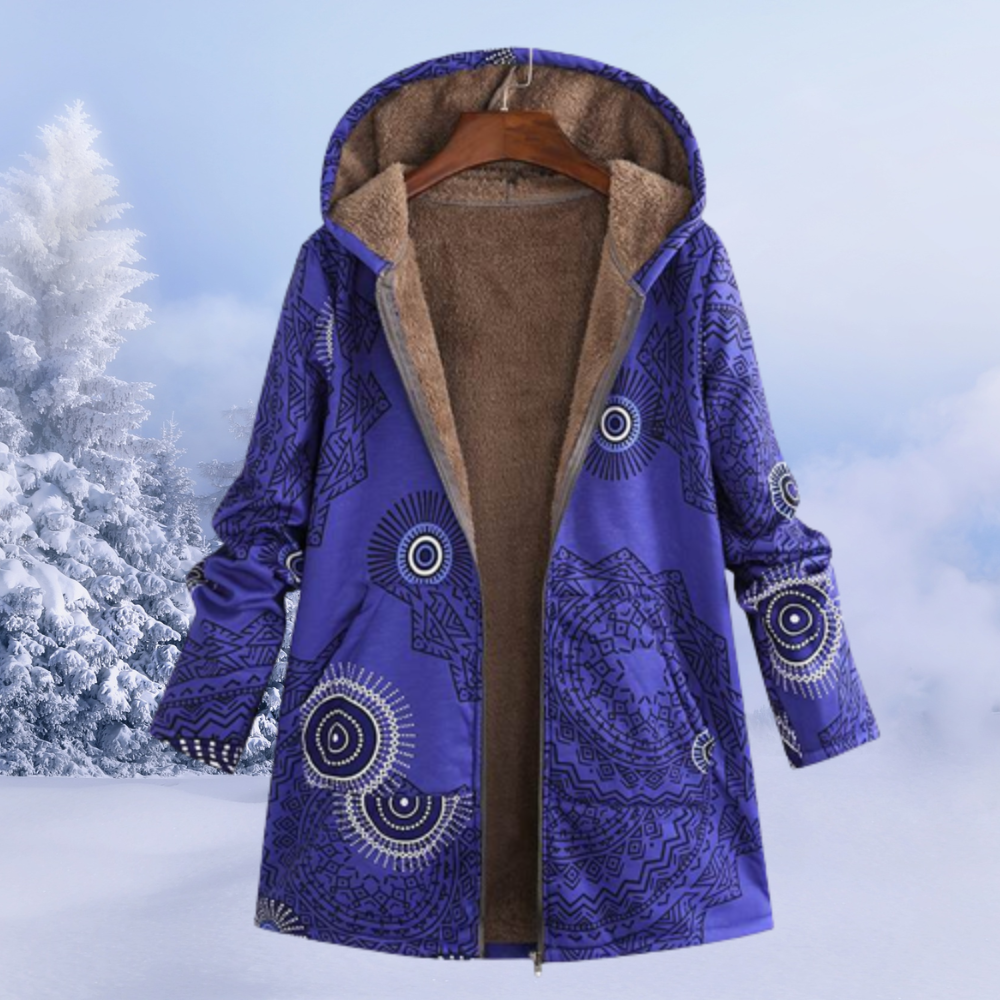 Dames Boho Gebloemde Winterjas met Capuchon | Lange Warme Jas met Print