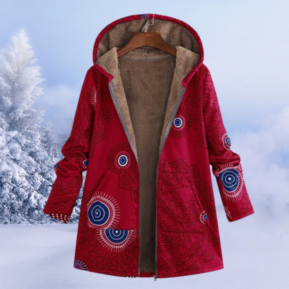 Dames Boho Gebloemde Winterjas met Capuchon | Lange Warme Jas met Print