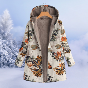 Dames Boho Gebloemde Winterjas met Capuchon | Lange Warme Jas met Print