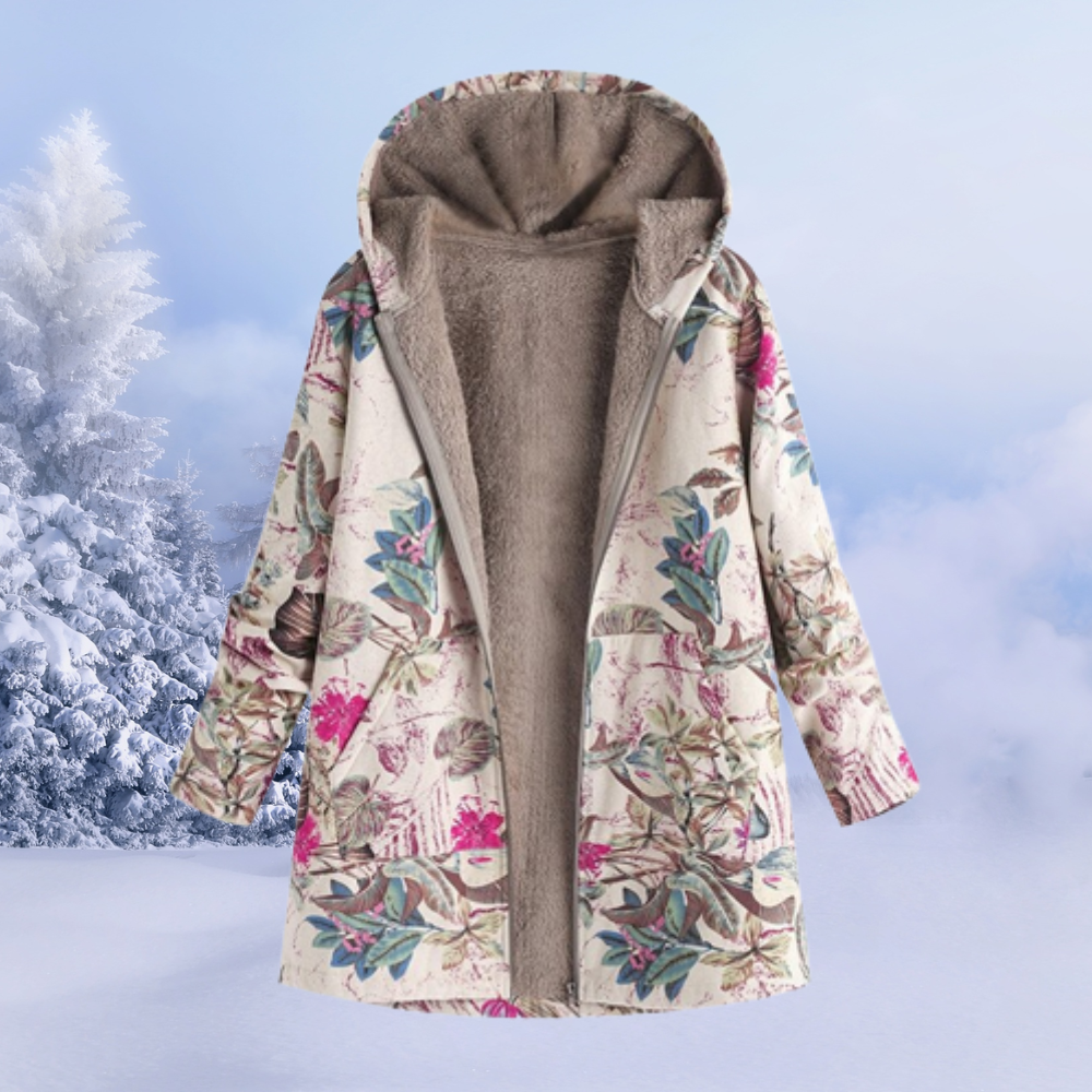 Dames Boho Gebloemde Winterjas met Capuchon | Lange Warme Jas met Print