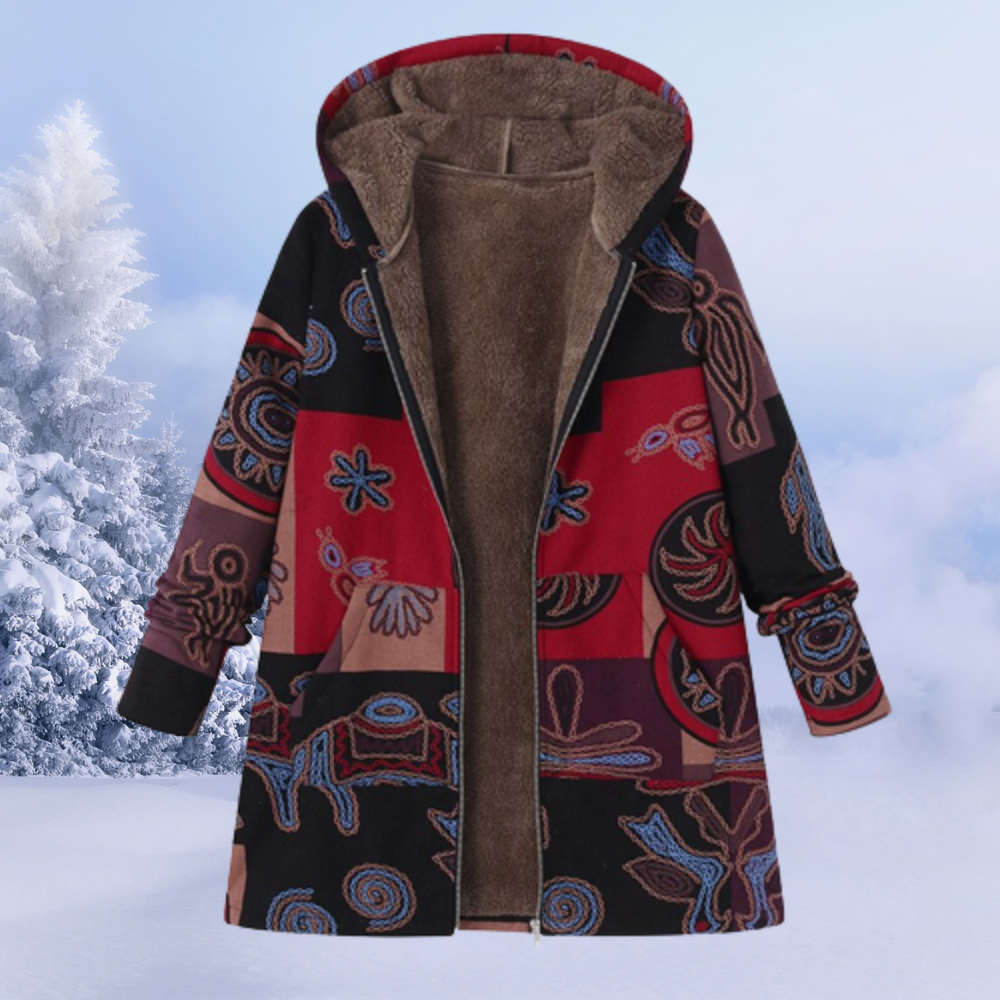 Dames Boho Gebloemde Winterjas met Capuchon | Lange Warme Jas met Print