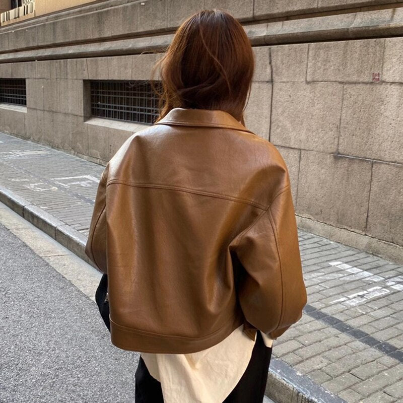 Dames Leren Jas Bruin | Kort Model met Overhemdkraag & Knoopsluiting