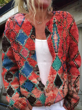 Dames Gebreid Vest met Bloemenprint | Gebreide Trui met Lange Mouwen en Knopen