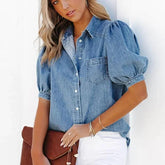 Lena - Trendy Spijkerblouse met Ballonmouwen