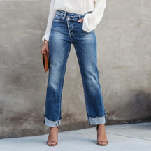 Dames Klassieke Rechte Jeans | Opgerold Wassing