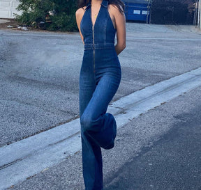 Clara - Trendy Denim Halter Jumpsuit met Rits en Wijde Pijpen