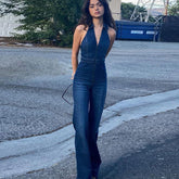 Clara - Trendy Denim Halter Jumpsuit met Rits en Wijde Pijpen