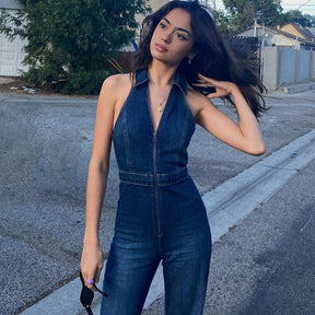 Clara - Trendy Denim Halter Jumpsuit met Rits en Wijde Pijpen