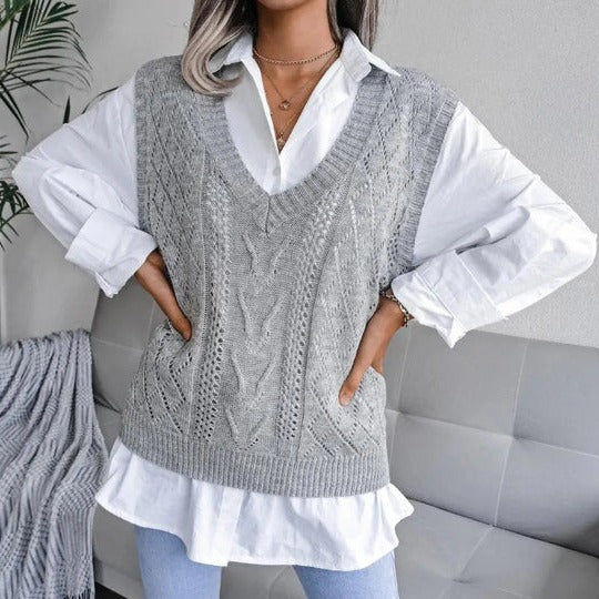 Dames Relaxte Gebreide Vest | V-Hals Kabelstijl
