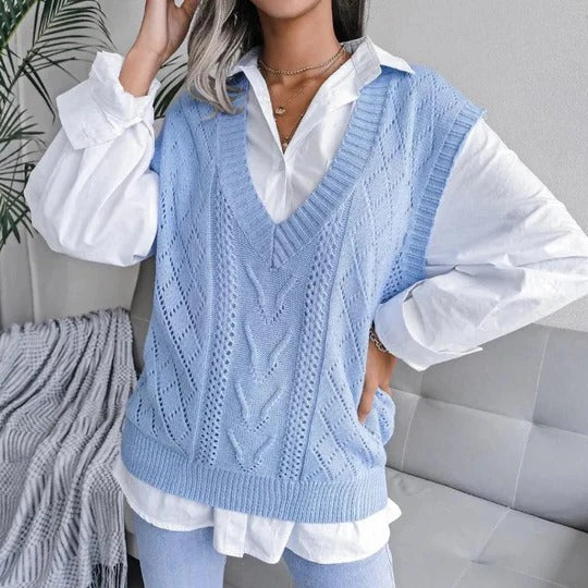 Dames Relaxte Gebreide Vest | V-Hals Kabelstijl