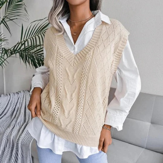 Dames Relaxte Gebreide Vest | V-Hals Kabelstijl