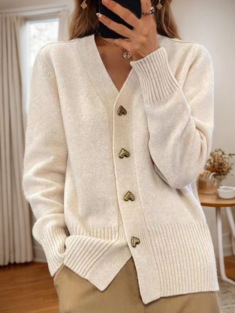Dames V-Hals Gebreid Vest | Relaxte Pasvorm met Hartvormige Knopen