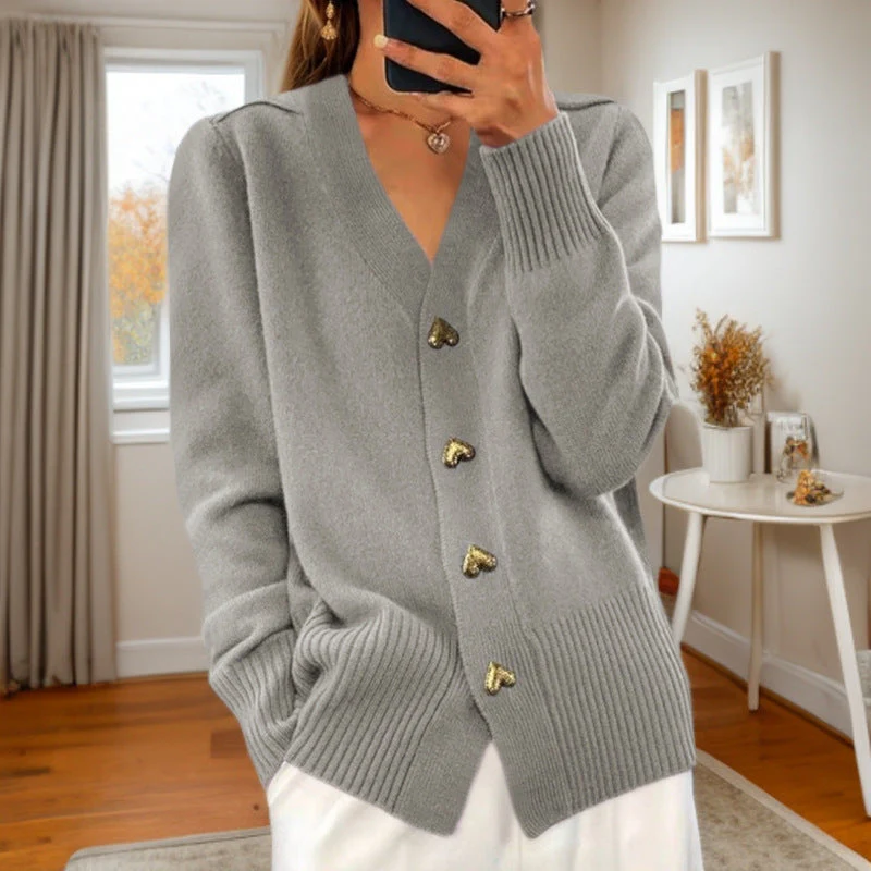 Dames V-Hals Gebreid Vest | Relaxte Pasvorm met Hartvormige Knopen