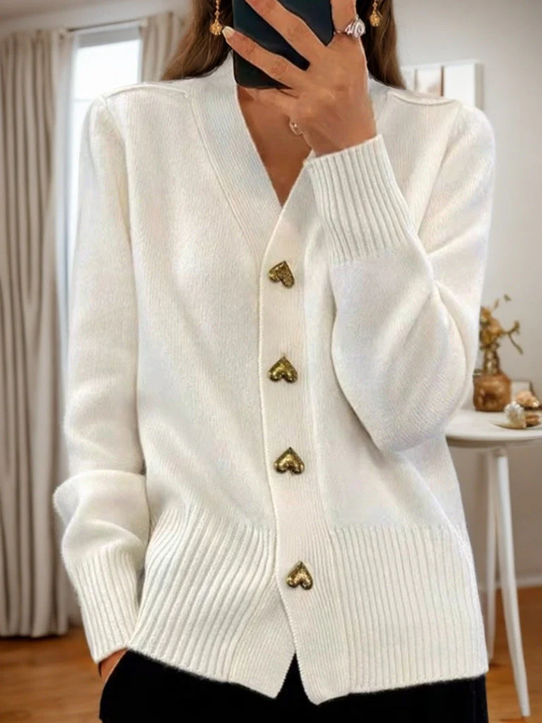 Dames V-Hals Gebreid Vest | Relaxte Pasvorm met Hartvormige Knopen