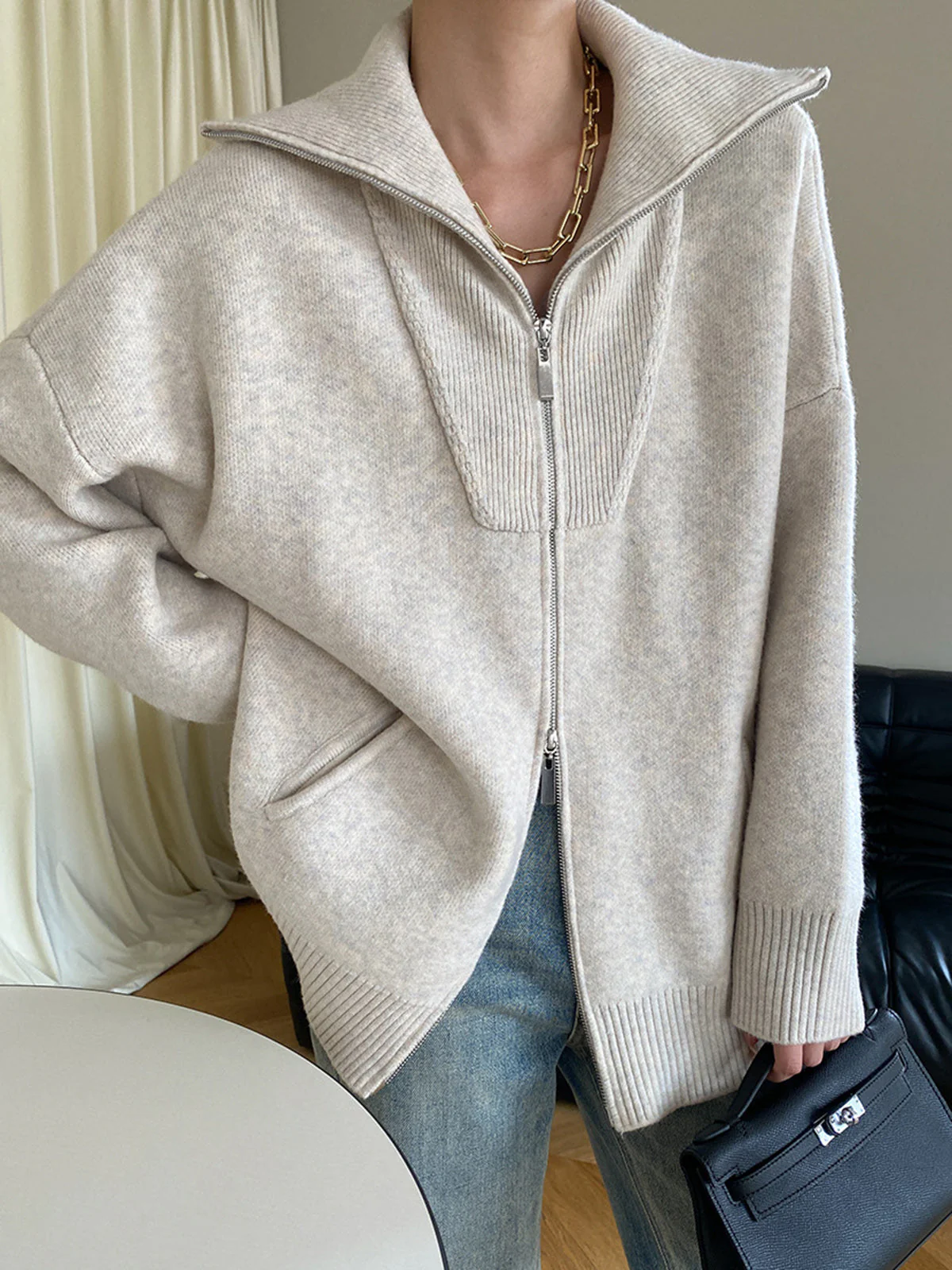 Dames Oversized Vest | Rits Voorkant met Open Kraag