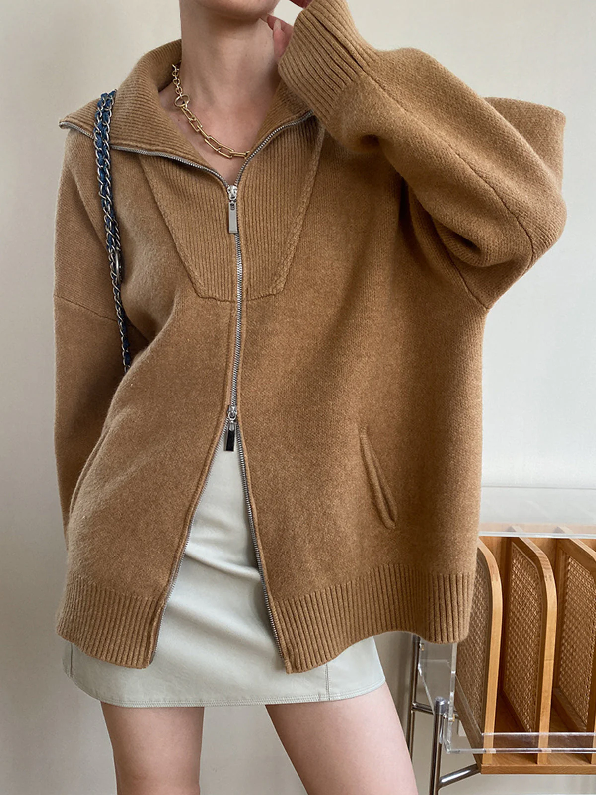Dames Oversized Vest | Rits Voorkant met Open Kraag