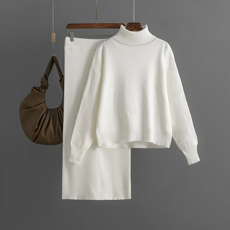 Dames Geribde Coltrui Tweedelig Set | Trui & Slim Fit Rok