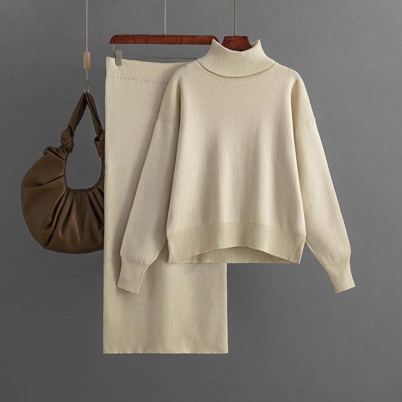 Dames Geribde Coltrui Tweedelig Set | Trui & Slim Fit Rok