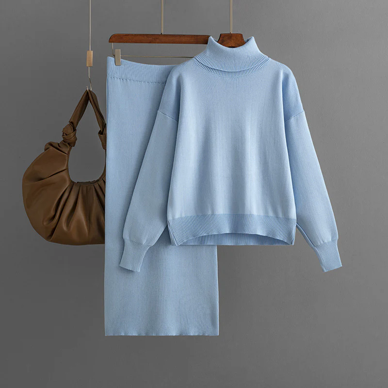 Dames Geribde Coltrui Tweedelig Set | Trui & Slim Fit Rok