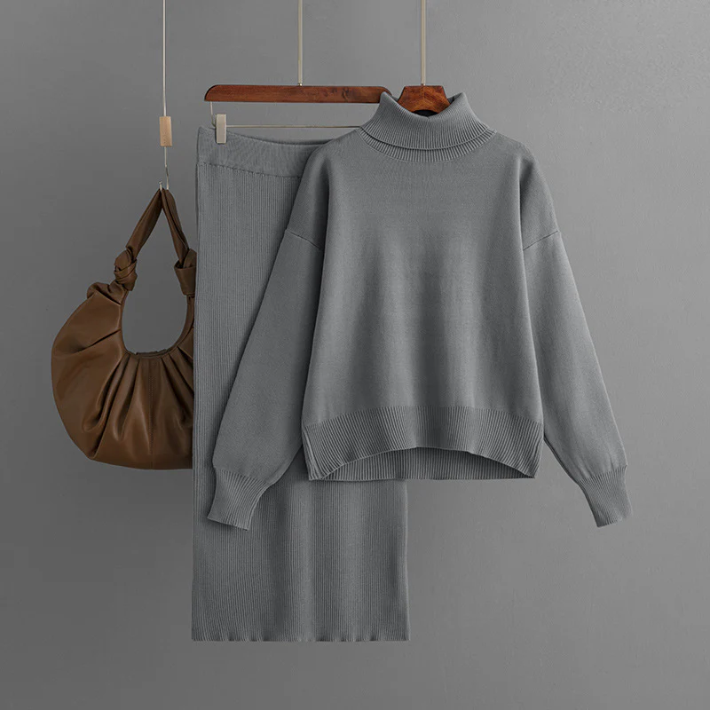Dames Geribde Coltrui Tweedelig Set | Trui & Slim Fit Rok