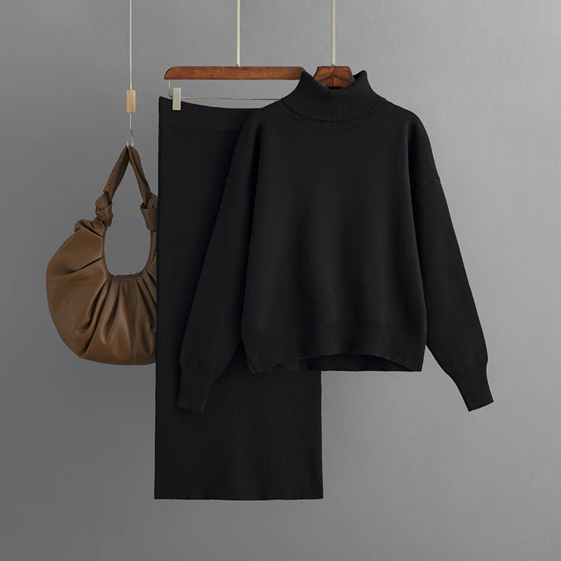 Dames Geribde Coltrui Tweedelig Set | Trui & Slim Fit Rok