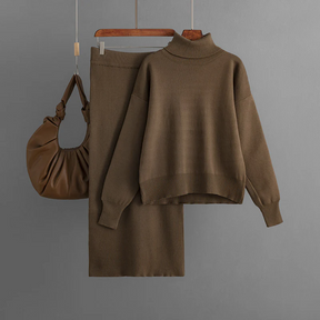 Dames Geribde Coltrui Tweedelig Set | Trui & Slim Fit Rok