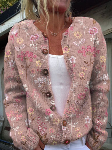 Dames Gebreid Vest met Bloemenprint | Gebreide Trui met Lange Mouwen en Knopen