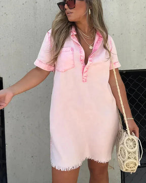 Lauren - Casual Denim Tuniekjurk met Knoopdetail en Rafelrand