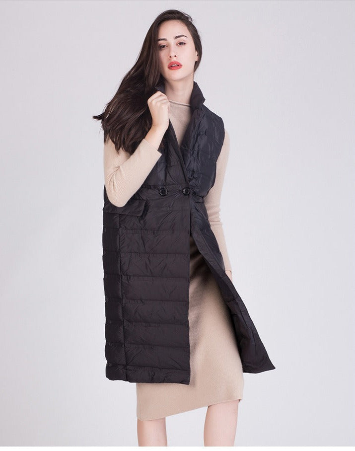Dames Slim Fit Gewatteerde Lange Bodywarmer | Dubbelknops Knielang