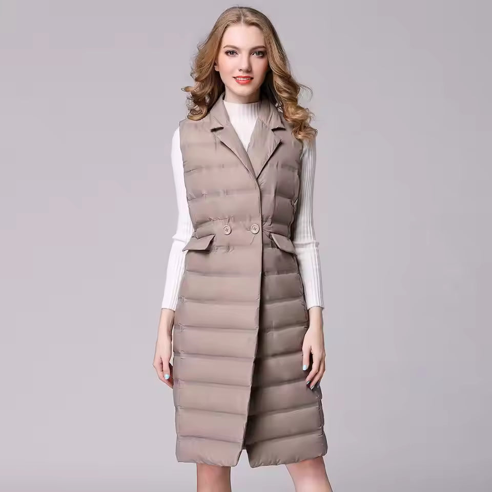 Dames Slim Fit Gewatteerde Lange Bodywarmer | Dubbelknops Knielang