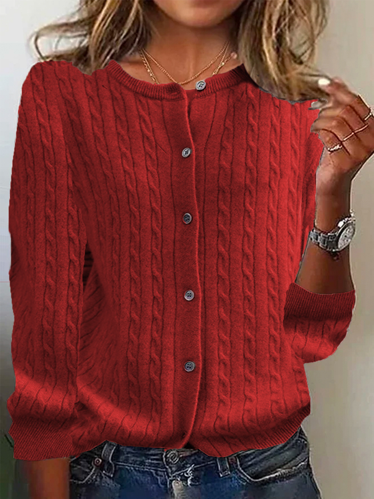 Dames Relaxed Kabel Gebreide Cardigan | Knopen Voorkant
