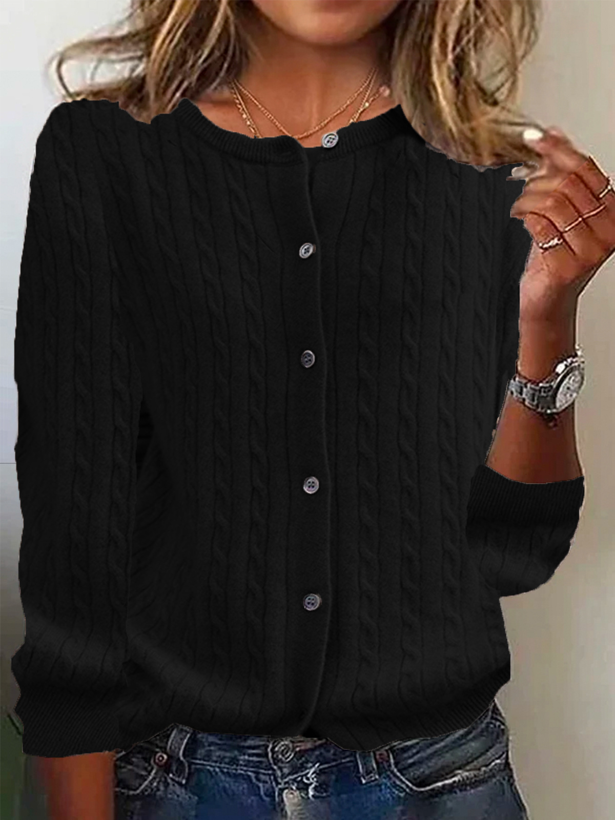 Dames Relaxed Kabel Gebreide Cardigan | Knopen Voorkant
