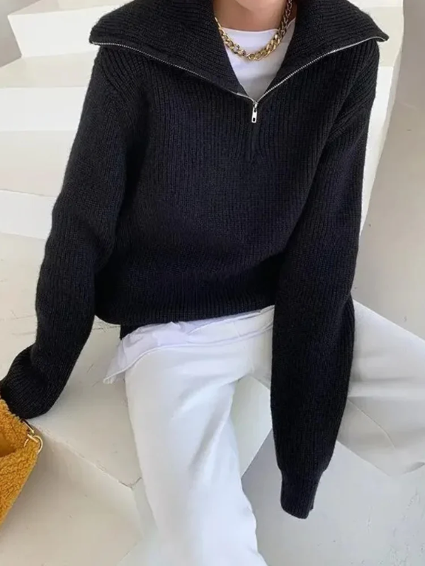Dames Pullover Trui met Hoge Ritskraag | Relaxte Pasvorm & Geribde Afwerking