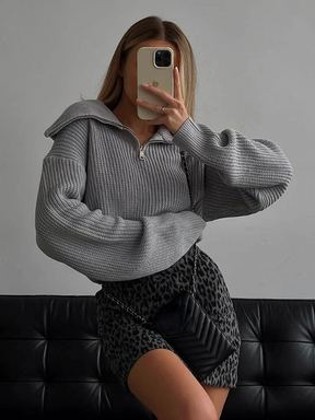Dames Pullover Trui met Hoge Ritskraag | Relaxte Pasvorm & Geribde Afwerking