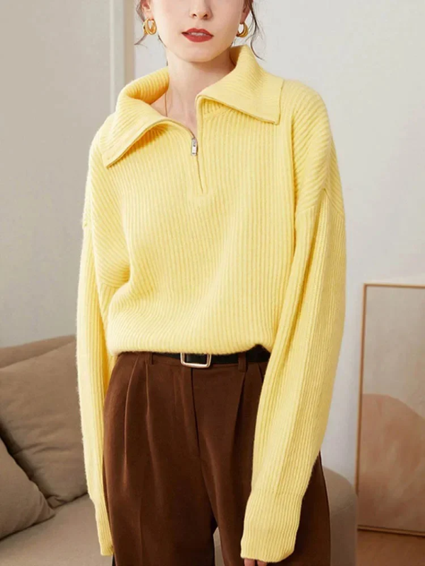 Dames Pullover Trui met Hoge Ritskraag | Relaxte Pasvorm & Geribde Afwerking