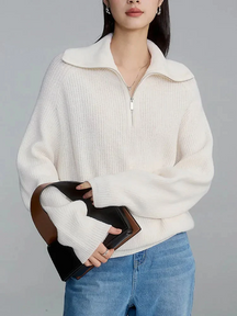Dames Pullover Trui met Hoge Ritskraag | Relaxte Pasvorm & Geribde Afwerking