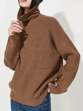 Dames Pullover Trui met Hoge Ritskraag | Relaxte Pasvorm & Geribde Afwerking