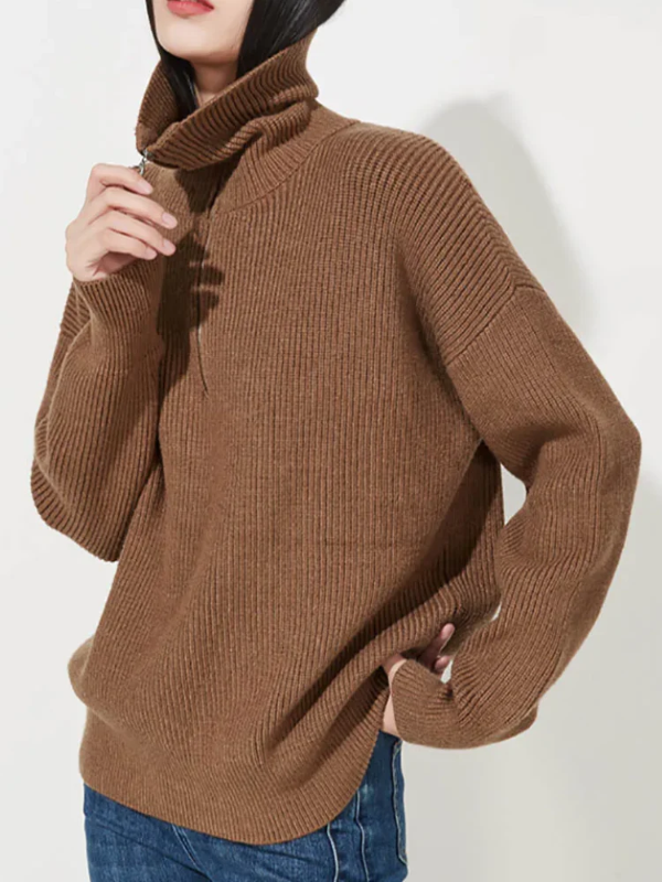 Dames Pullover Trui met Hoge Ritskraag | Relaxte Pasvorm & Geribde Afwerking