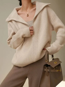 Dames Pullover Trui met Hoge Ritskraag | Relaxte Pasvorm & Geribde Afwerking