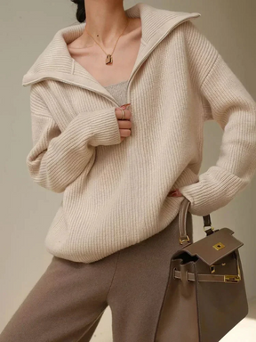 Dames Pullover Trui met Hoge Ritskraag | Relaxte Pasvorm & Geribde Afwerking