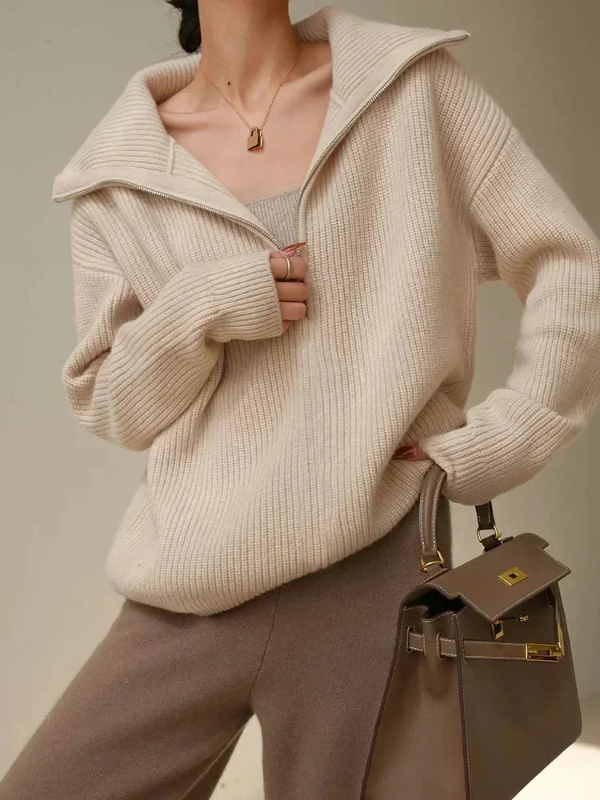 Dames Pullover Trui met Hoge Ritskraag | Relaxte Pasvorm & Geribde Afwerking