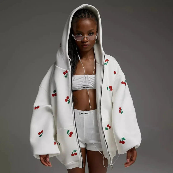 Dames Oversized Hoodie Jas | Trendy Kersenprint Zip-Up