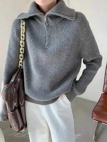 Dames Pullover Trui met Hoge Ritskraag | Relaxte Pasvorm & Geribde Afwerking