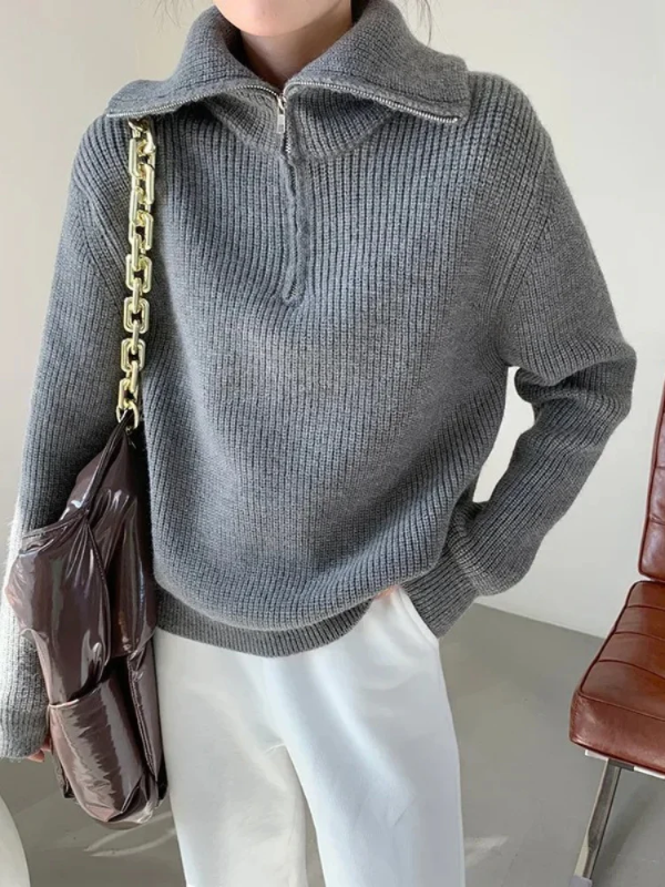 Dames Pullover Trui met Hoge Ritskraag | Relaxte Pasvorm & Geribde Afwerking