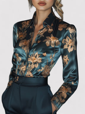 Olivia – Elegante Satijnen Blouse met Gouden Bloemenprint